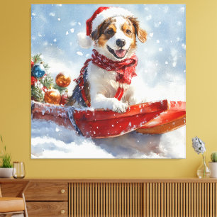 Brittany Spaniel Hund in Sledge Weihnachten Leinwanddruck