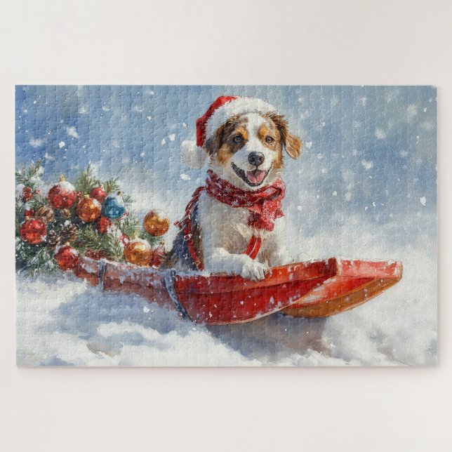 Brittany Spaniel Hund in Sledge Weihnachten Puzzle (Horizontal)