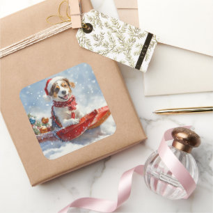 Brittany Spaniel Hund in Sledge Weihnachten Quadratischer Aufkleber