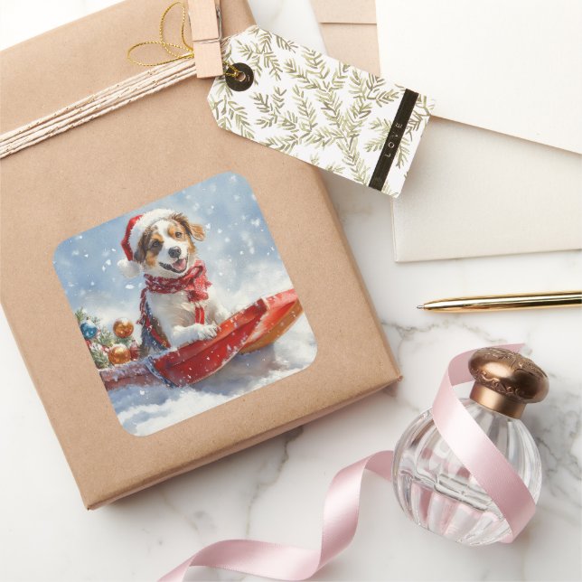 Brittany Spaniel Hund in Sledge Weihnachten Quadratischer Aufkleber (Schenken)