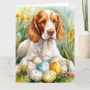 Brittany Spaniel Hund mit Ostereiern Urlaub Karte