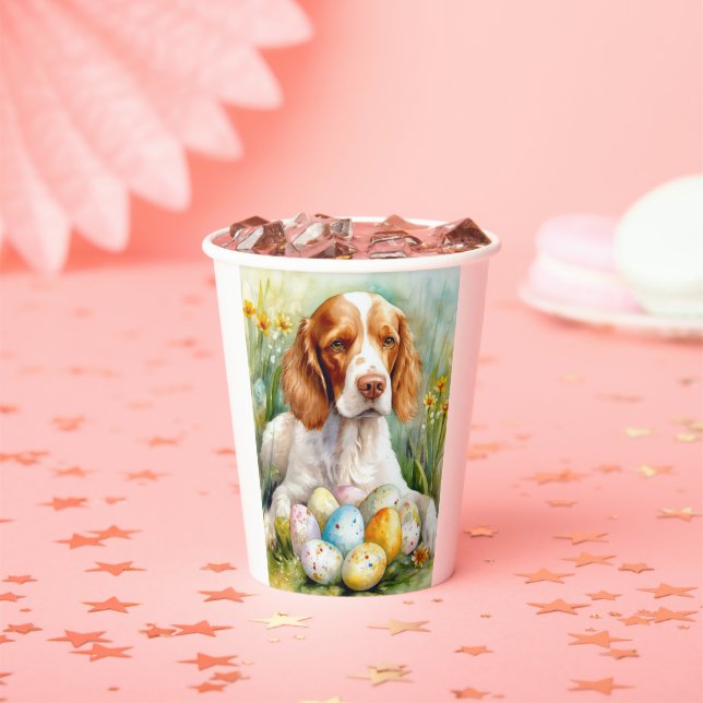 Brittany Spaniel Hund mit Ostereiern Urlaub Pappbecher (Insitu)