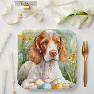 Brittany Spaniel Hund mit Ostereiern Urlaub Pappteller