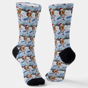 Brittany Spaniel Hund zeigt auf Weihnachtsbonbon Socken