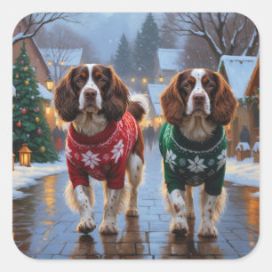 Brittany Spaniel Hunde Weihnachten Schnee Urlaub Quadratischer Aufkleber