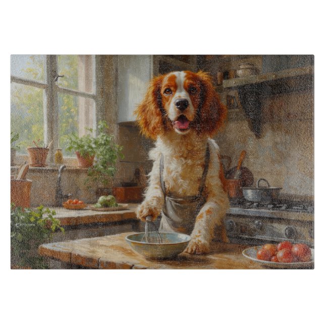 Brittany Spaniel kocht in der Küche Schneidebrett (Vorderseite)
