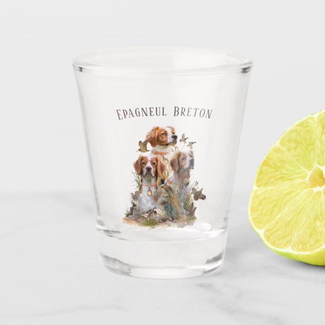 Brittany Spaniel , Leidenschaft für Vögel Schnapsglas (Vorderseite)