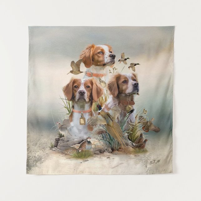 Brittany Spaniel , Leidenschaft für Vögel Wandteppich (Vorderseite)