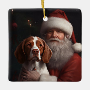 Brittany Spaniel mit dem Weihnachtsmann Weihnachte Keramikornament