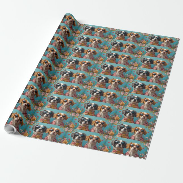 Brittany Spaniel mit Herz-Rose Valentinstag Geschenkpapier (Ungerollt)
