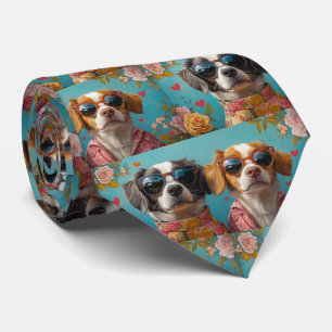 Brittany Spaniel mit Herz-Rose Valentinstag Krawatte