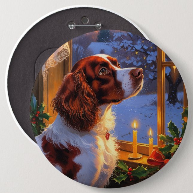 Brittany Spaniel mit Weihnachtsbeleuchtung Feierta Button (Vorne & Hinten)