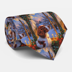 Brittany Spaniel mit Weihnachtsbeleuchtung Feierta Krawatte