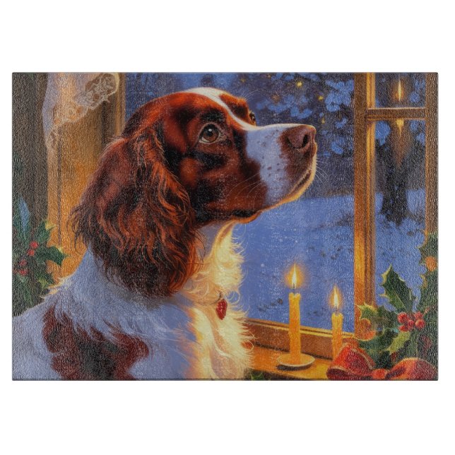 Brittany Spaniel mit Weihnachtsbeleuchtung Feierta Schneidebrett (Vorderseite)