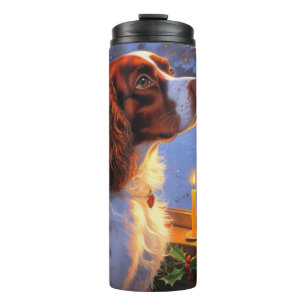 Brittany Spaniel mit Weihnachtsbeleuchtung Feierta Thermosbecher