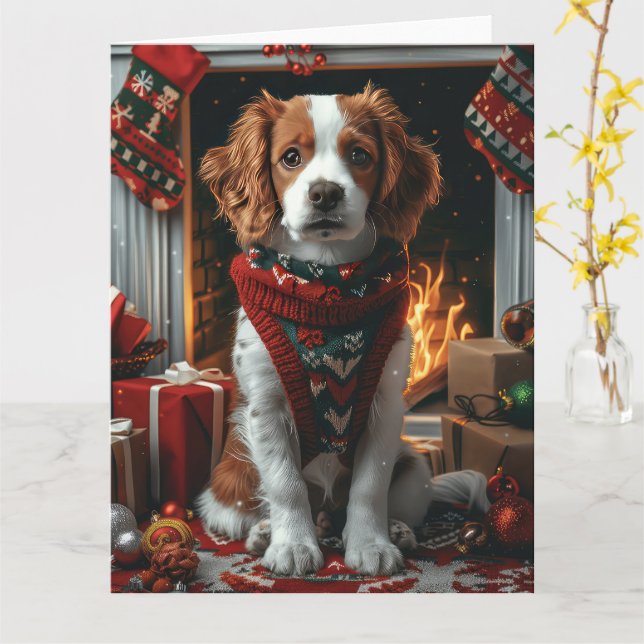 Brittany Spaniel mit Weihnachtsgeschenken Feuerpla Karte (Gelbe Blume)