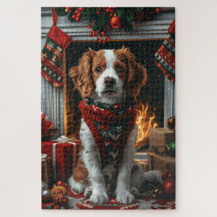 Brittany Spaniel mit Weihnachtsgeschenken Kamin Puzzle