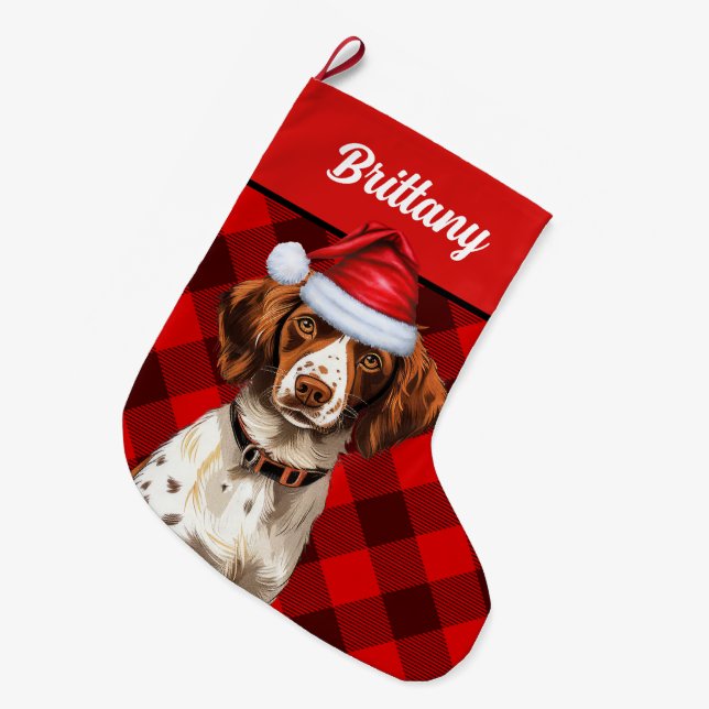 Brittany Spaniel Red Buffalo Kariert Personalisier Großer Weihnachtsstrumpf (Vorderansicht (hängend))