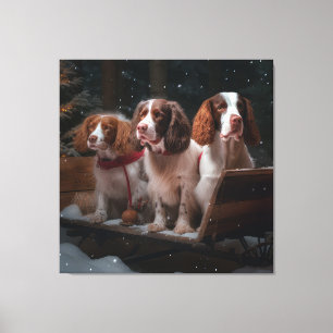 Brittany Spaniel Schnee-Schlitten Weihnachtsdekora Leinwanddruck