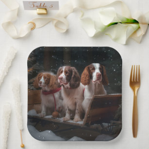 Brittany Spaniel Schneeweißes Schlitten-Weihnachts Pappteller