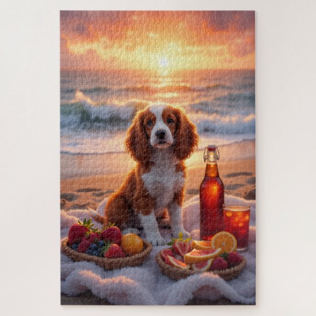 Brittany Spaniel Sonnenuntergang Strand Picknick Puzzle (Vertikal)
