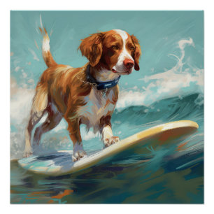 Brittany Spaniel Strand Surfen Malerei Poster