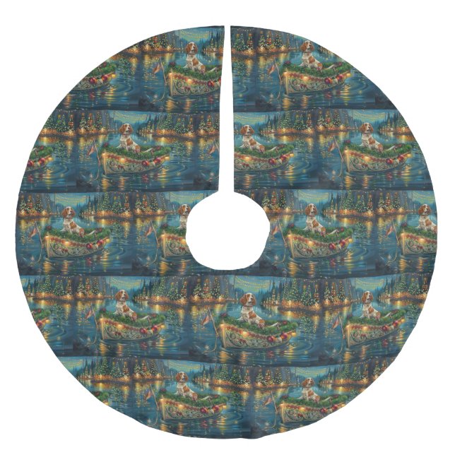 Brittany Spaniel Weihnachts Feierliche Reise Polyester Weihnachtsbaumdecke (Vorderseite)