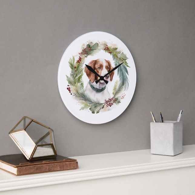 Brittany Spaniel Weihnachtsfeiertag Festliche Jung Große Wanduhr (Büro)