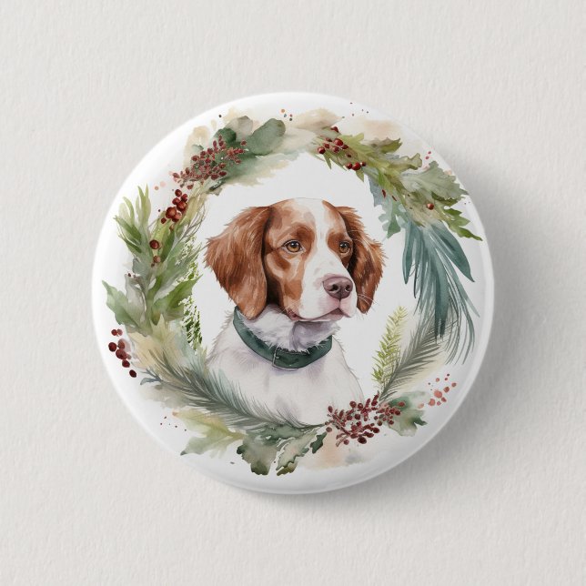 Brittany Spaniel Weihnachtskranz Festlicher Hund Button (Vorderseite)