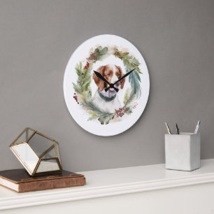 Brittany Spaniel Weihnachtskranz Festlicher Hund Große Wanduhr