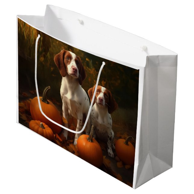 Brittany Spaniel Welpe Autumn Delight Pumpkin Große Geschenktüte (Vorderseite Schrägansicht)