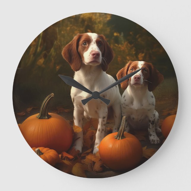 Brittany Spaniel Welpe Autumn Delight Pumpkin Große Wanduhr (Vorderseite)