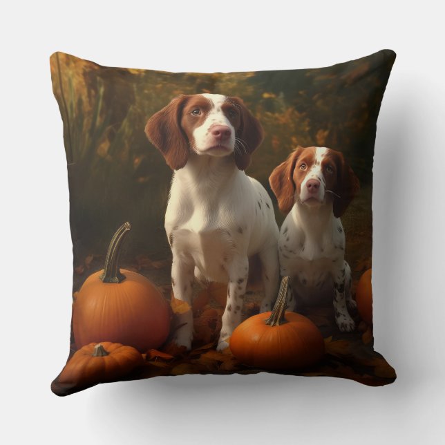 Brittany Spaniel Welpe Autumn Delight Pumpkin Kissen (Rückseite)