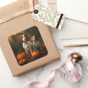 Brittany Spaniel Welpe Autumn Delight Pumpkin Quadratischer Aufkleber