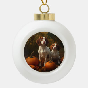 Brittany Spaniel Welpe Herbstfreude Kürbis Keramik Kugel-Ornament