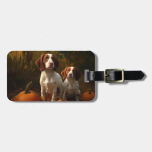 Brittany Spaniel Welpe Herbstvergnügen Kürbis Gepäckanhänger