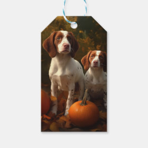 Brittany Spaniel Welpe Herbstvergnügen Kürbis Geschenkanhänger