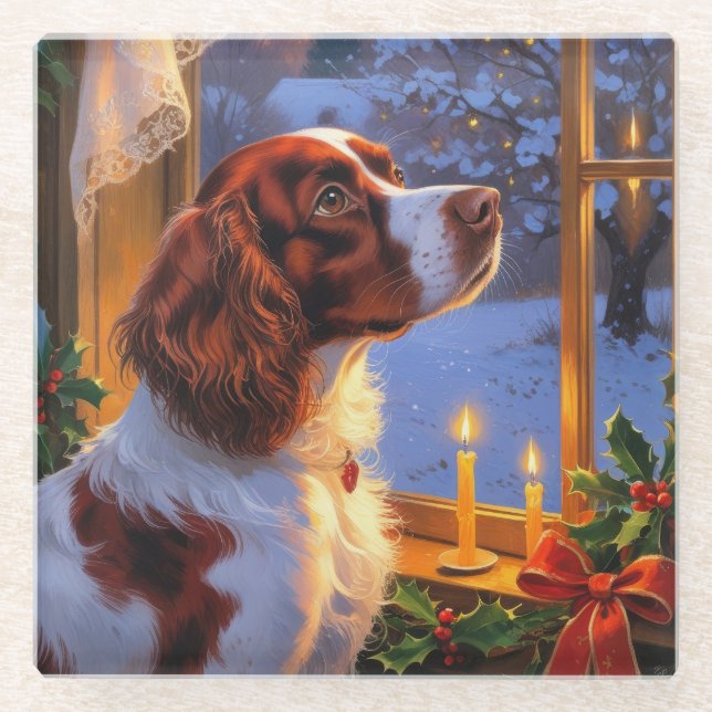 Brittany Spaniel with Christmas Lights Holiday  Glasuntersetzer (Vorderseite)