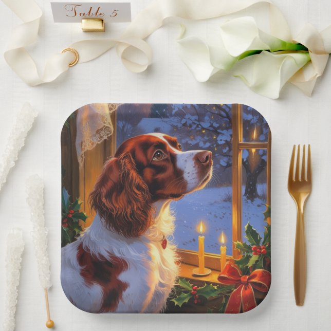 Brittany Spaniel with Christmas Lights Holiday  Pappteller (Hochzeit)