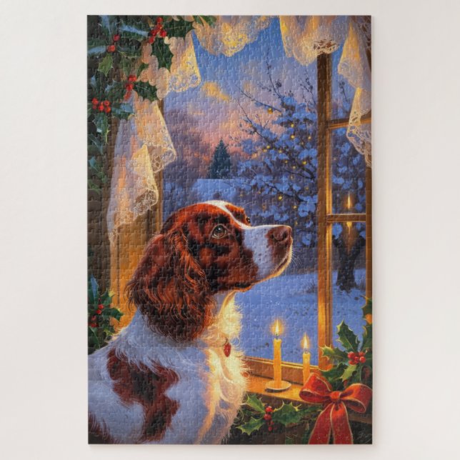 Brittany Spaniel with Christmas Lights Holiday  Puzzle (Vertikal)