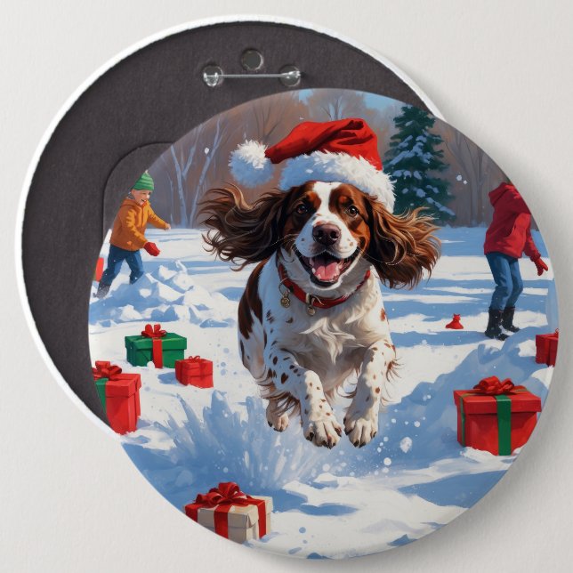 Brittany Spanisch Weihnachts-Feierliche Schneeszen Button (Vorne & Hinten)