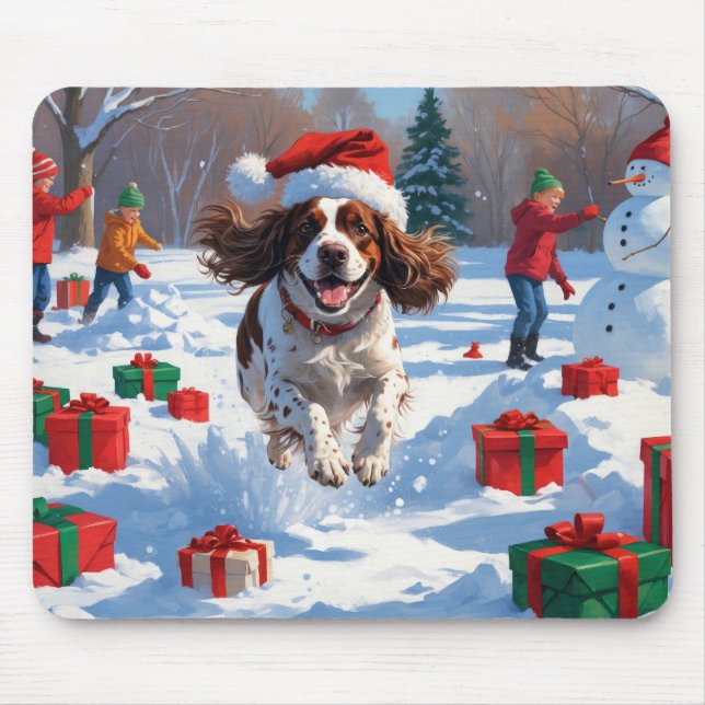 Brittany Spanisch Weihnachts-Feierliche Schneeszen Mousepad (Vorne)