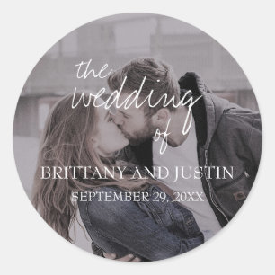 Brittany White Script Foto Wedding Umschlag Aufkle Runder Aufkleber