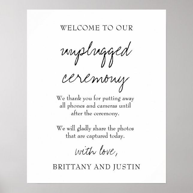Brittany White Unplugged Zeremonie Wedding Sign Poster (Vorne)