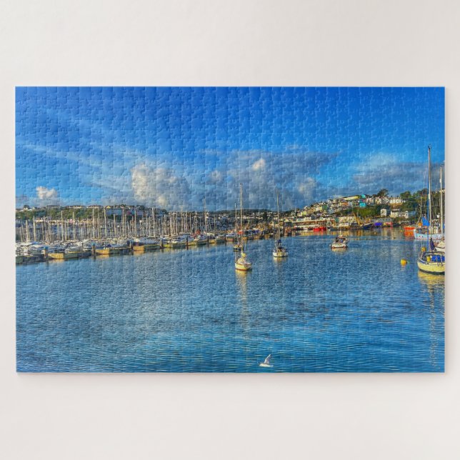 Brixham Marina: Sunny Devon Harbor & Seagull View Puzzle (Horizontal)