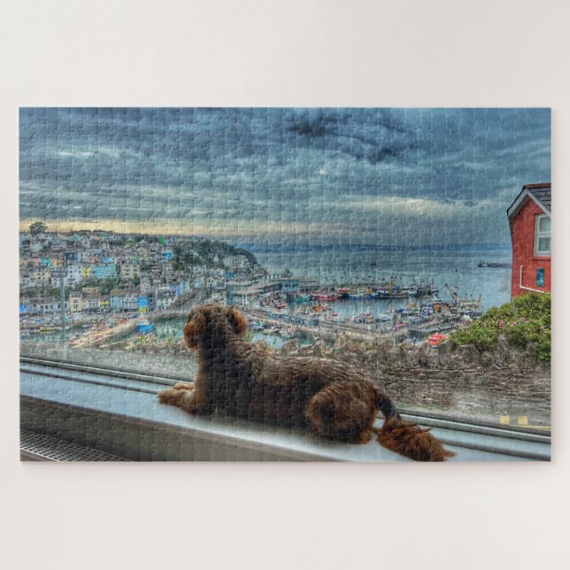 Brixham Rain: Cozy Harbor View & Puppy Friend Puzzle (Horizontal)