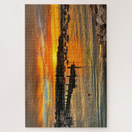 Brixham Twilight: Fiery Sunset & Rocky Coast Puzzle