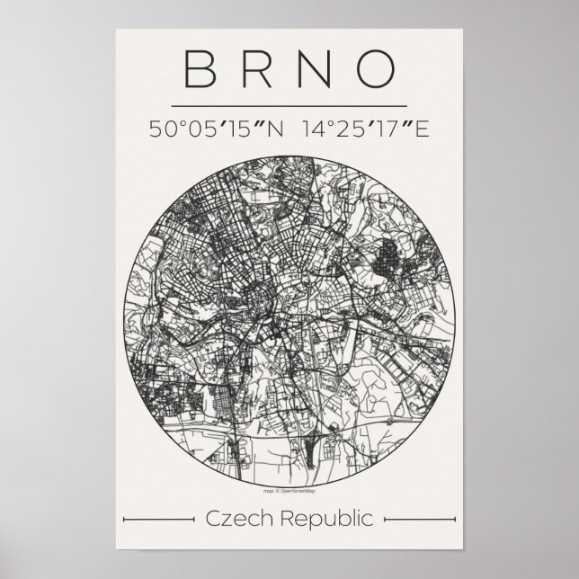 Brno City Map Poster – Minimal Charcoal Design (Vorne)