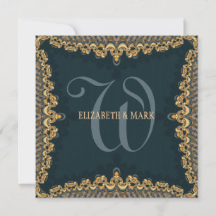 Brocade Monogram Aquamarin & Gold Wedding Einladun Einladung