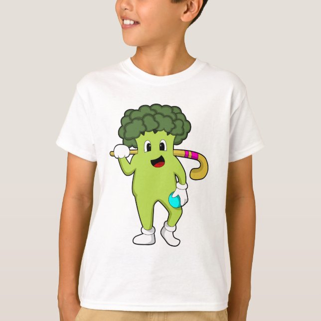 Broccoli im Hockey mit Hockey-Fledermaus T-Shirt (Vorderseite)